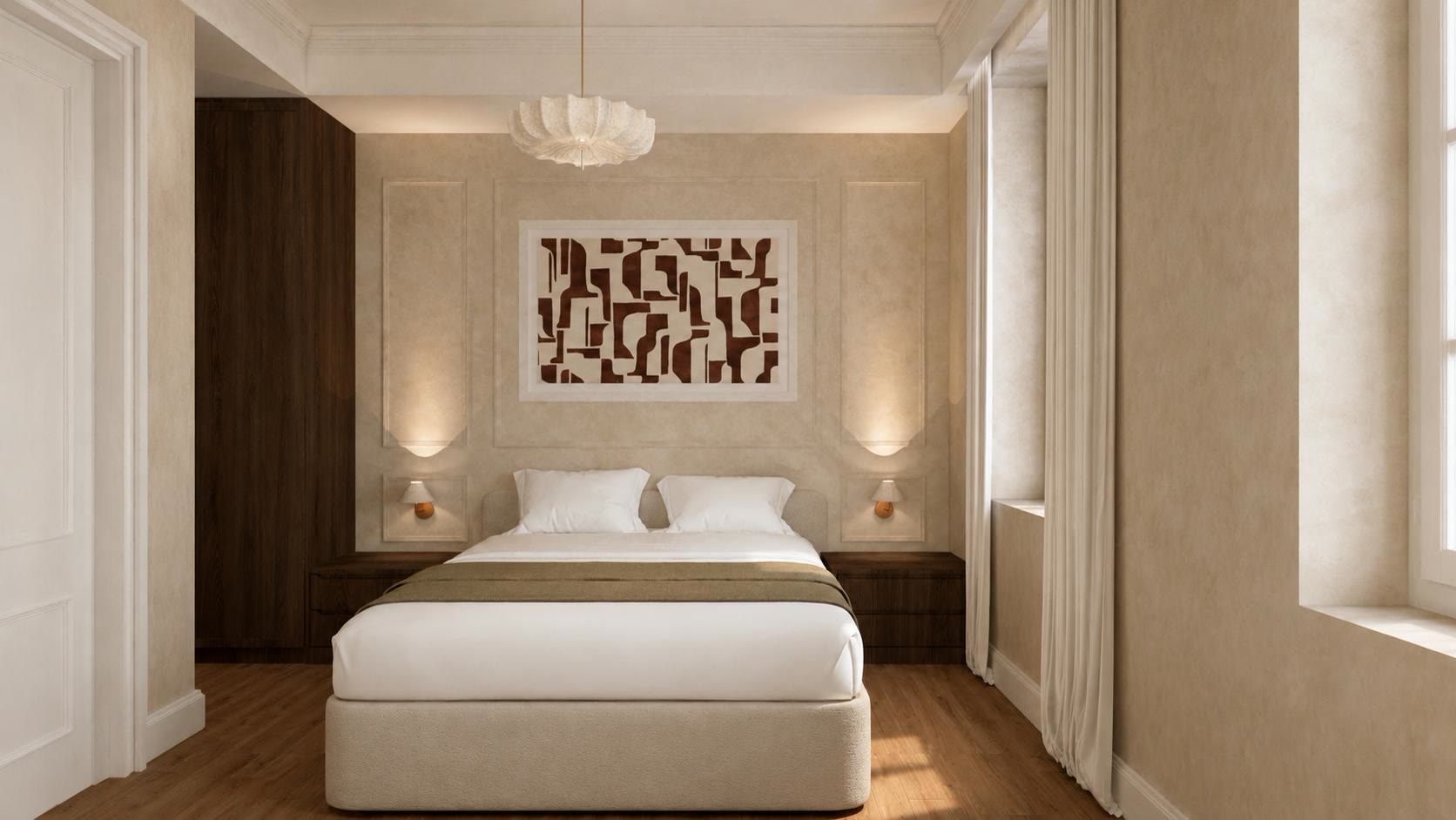 A bedroom with an upholstered bed, an olive throw, a large abstract print in deep red and a dark oak wardrobe.